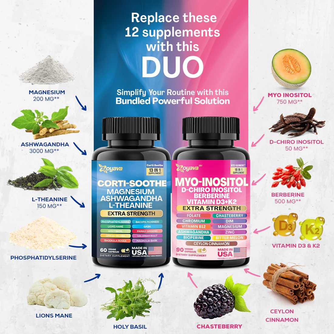 Zoyava Soothe and Smooth Bundle:Cortisol 60 and Myo-Inositol 90 Capsules Supplement Bundle