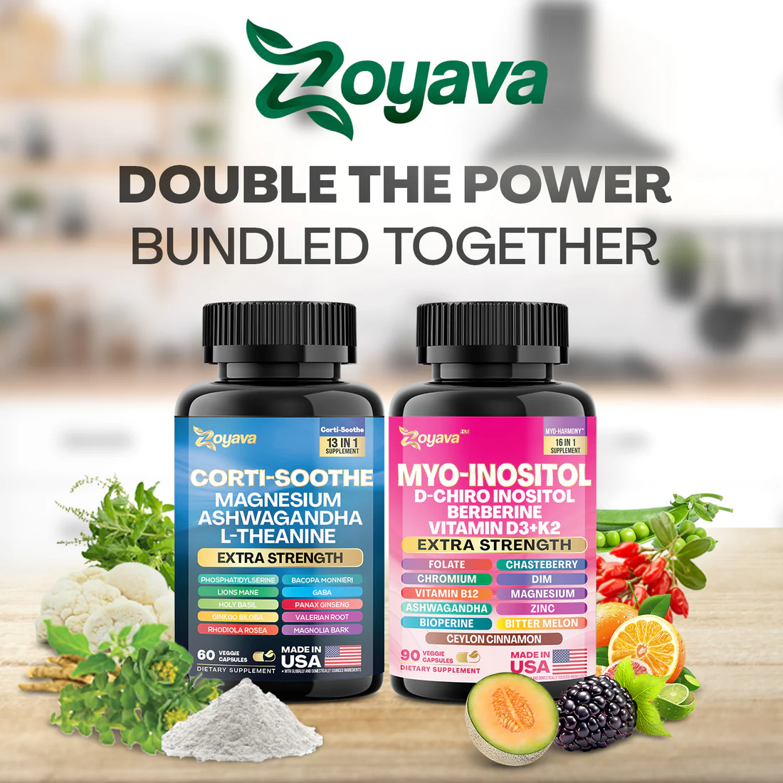 Zoyava Soothe and Smooth Bundle:Cortisol 60 and Myo-Inositol 90 Capsules Supplement Bundle