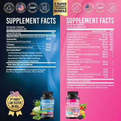 Zoyava Soothe and Smooth Bundle:Cortisol 60 and Myo-Inositol 90 Capsules Supplement Bundle